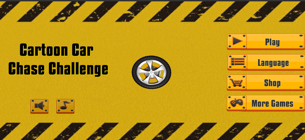 Cartoon Car Chase Challenge - Main menu screen of the Cartoon Car Chase Challenge mobile game featuring start buttons and car wheel icon