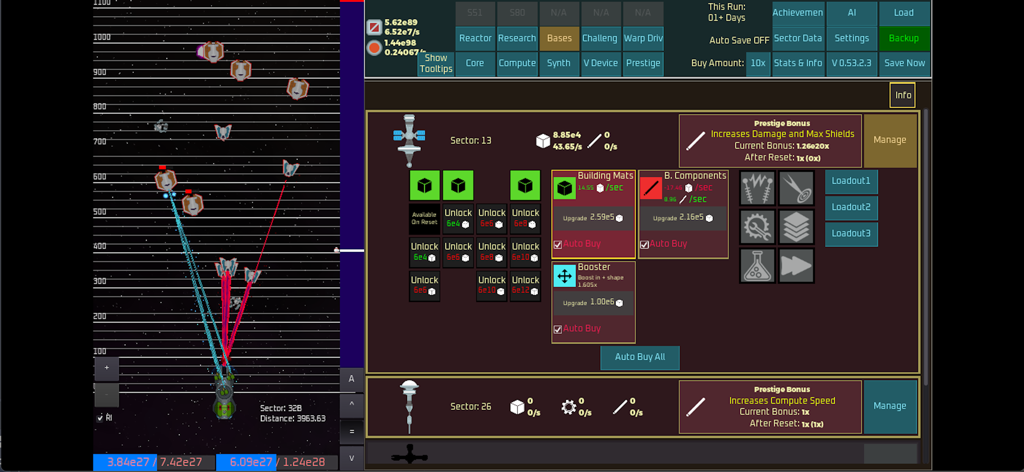 Unnamed Space Idle - A screenshot of Unnamed Space Idle showing space combat on the left and a complex resource management interface on the right.