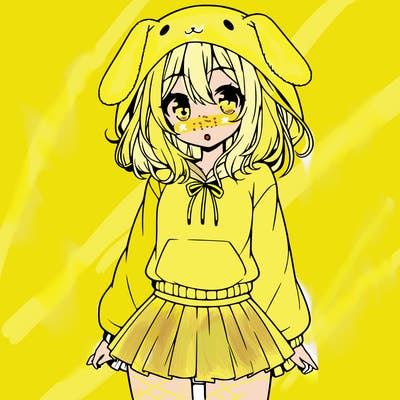 pretty anime girl wearing a fluffy hoodie with bunny ears on the hood and a skirt