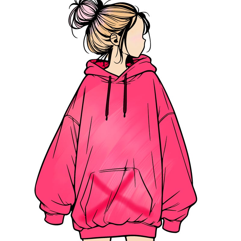 realistic girl with a oversized sweatshirt on and a bun