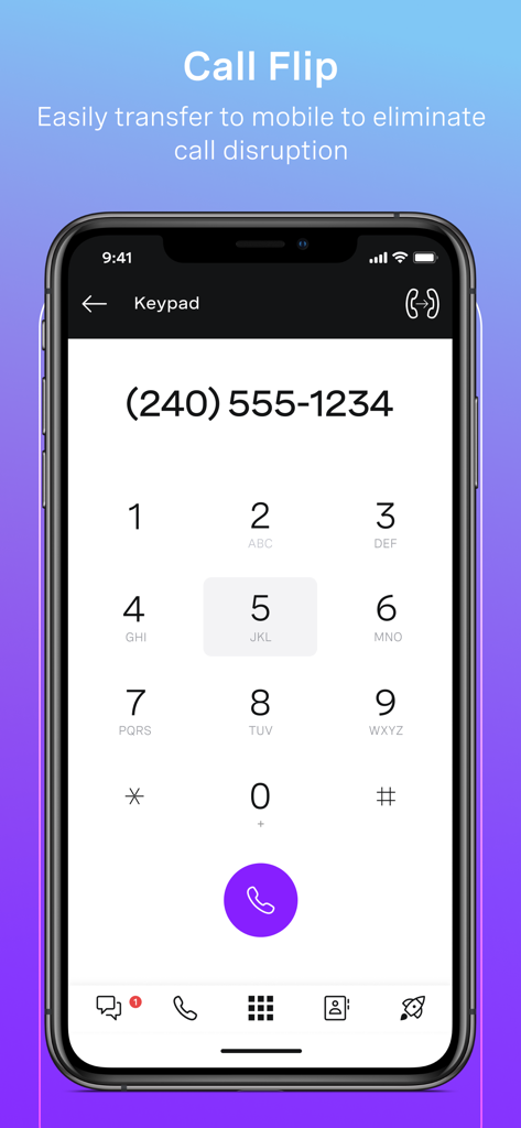 Vonage Business Communications - Fonction Call Flip de l'application Vonage Business sur le clavier d'un iPhone