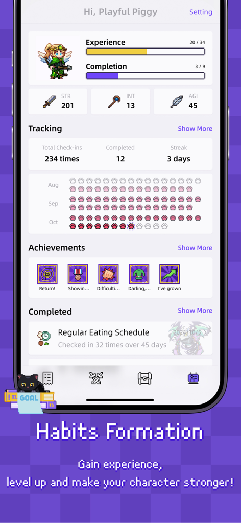 Habicat app screen showing habit tracking statistics achievements and pixel art character progression