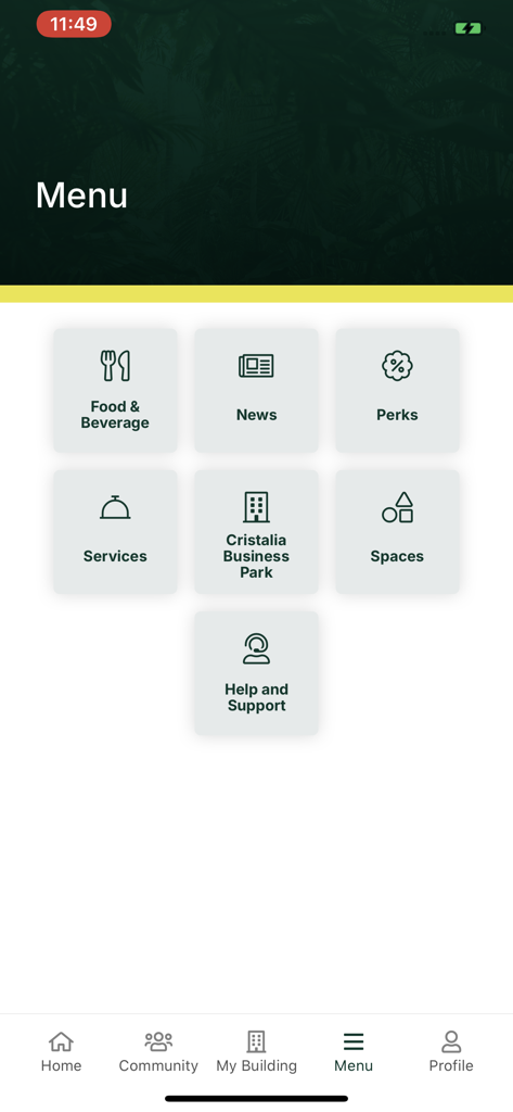 Cristalia - Menú de navegación principal de la aplicación Cristalia con iconos para servicios e instalaciones del lugar de trabajo.