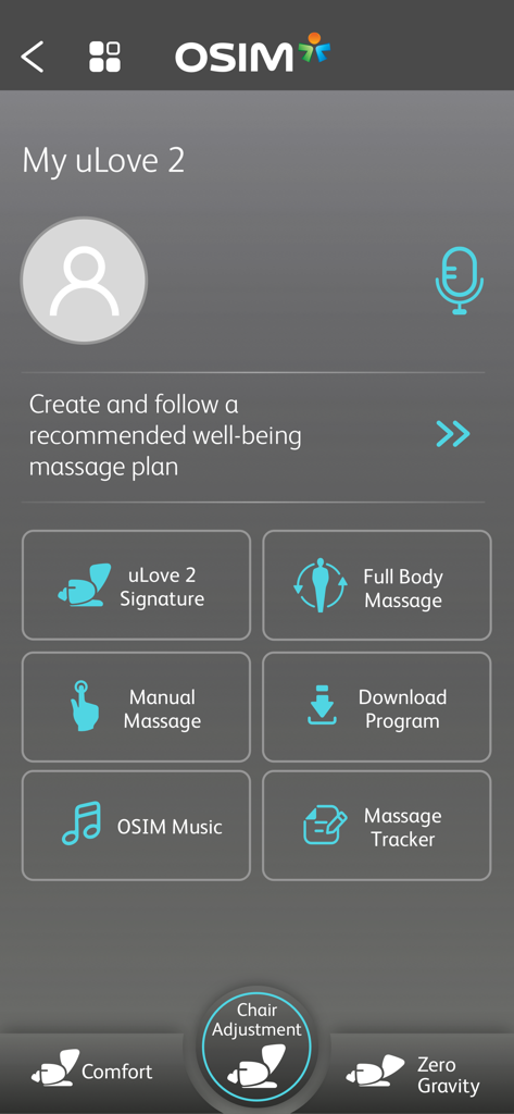 OSIM uLove 2 - The main dashboard of the OSIM uLove 2 app showing massage programs and chair adjustment controls