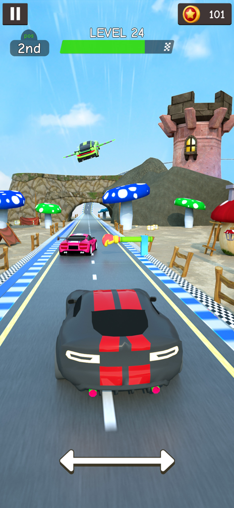 Mega Ramp Car: Stunt Car - A black stunt car with red stripes racing on a futuristic track with obstacles and a flying car.