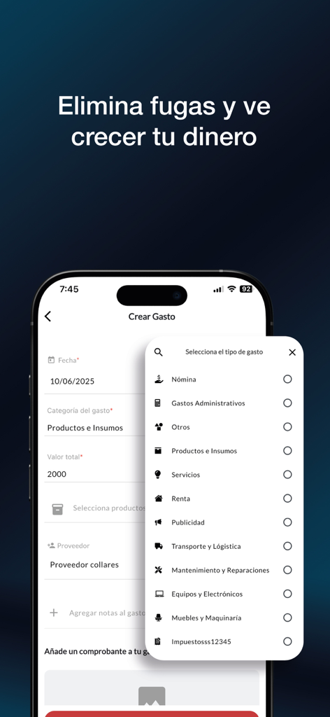Tela do aplicativo móvel mostrando a categorização de despesas para pequenas empresas
