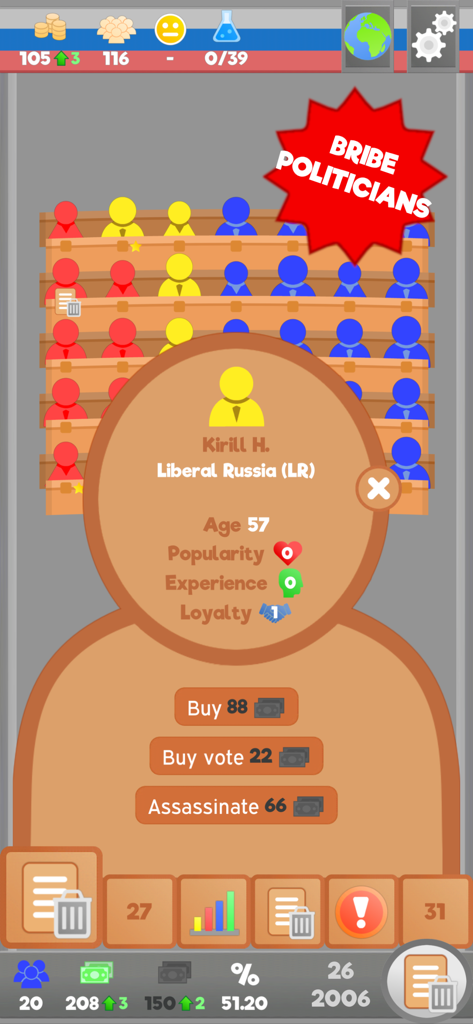 Lawgivers - Political simulation game Lawgivers showing bribe and assassination options for a politician profile in parliament