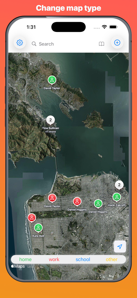 Satellite map interface showing contact pins and location filters in the Sidewalk app