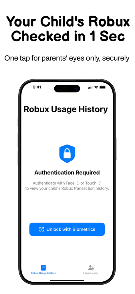 Child Spend Tracker for Roblox - Pantalla de la aplicación Rastreador de Gastos Infantiles para Roblox que requiere Face ID o Touch ID para ver el historial de gastos
