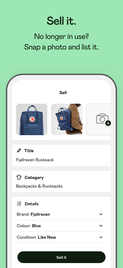 Shpock app interface showing a listing for a blue Fjallraven rucksack with price and category details
