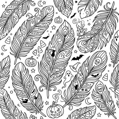 Unleash your creativity with this unique Halloween coloring page, blending delicate feather patterns with spooky elements. Discover hidden ghosts, pumpkins, and bats within the intricate designs, offering hours of engaging coloring fun.