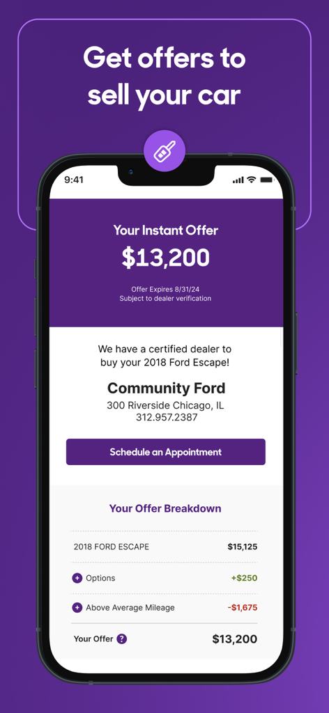 Cars.com app displaying an instant cash offer for a used car from a local dealership.