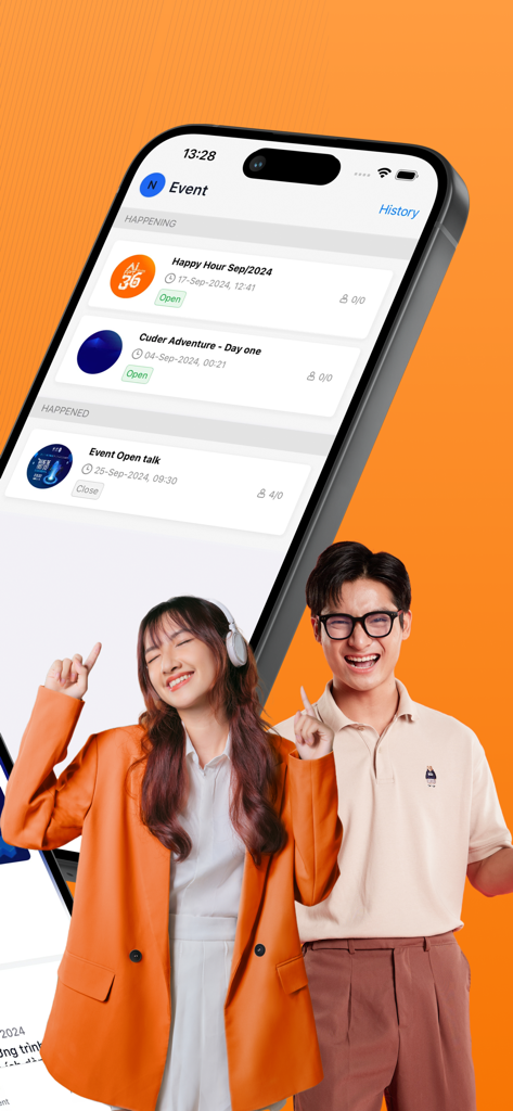 Schermata eventi dell'app myFPT Next che mostra un elenco di eventi aziendali e due dipendenti sorridenti