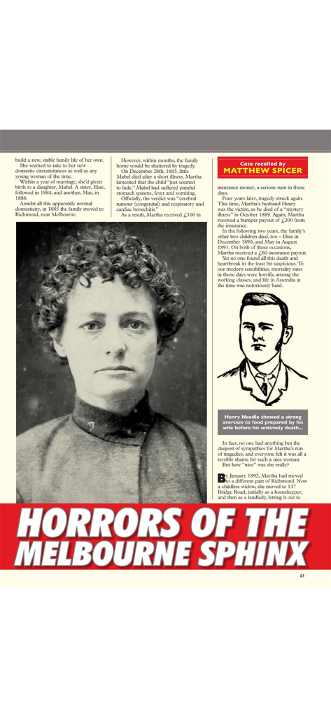 Página digital da revista True Detective com um artigo histórico de crime verdadeiro intitulado Horrores da Esfinge de Melbourne.