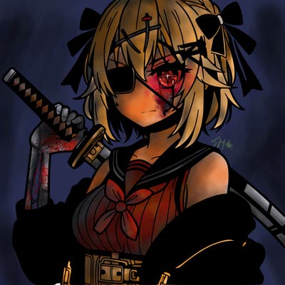 anime girl with a cool sword and a split in the eye