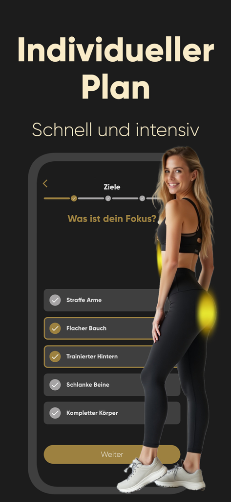 Programm 21: Workouts zuhause - Programm 21 app screen showing options to select personalized fitness goals like flat stomach and toned glutes