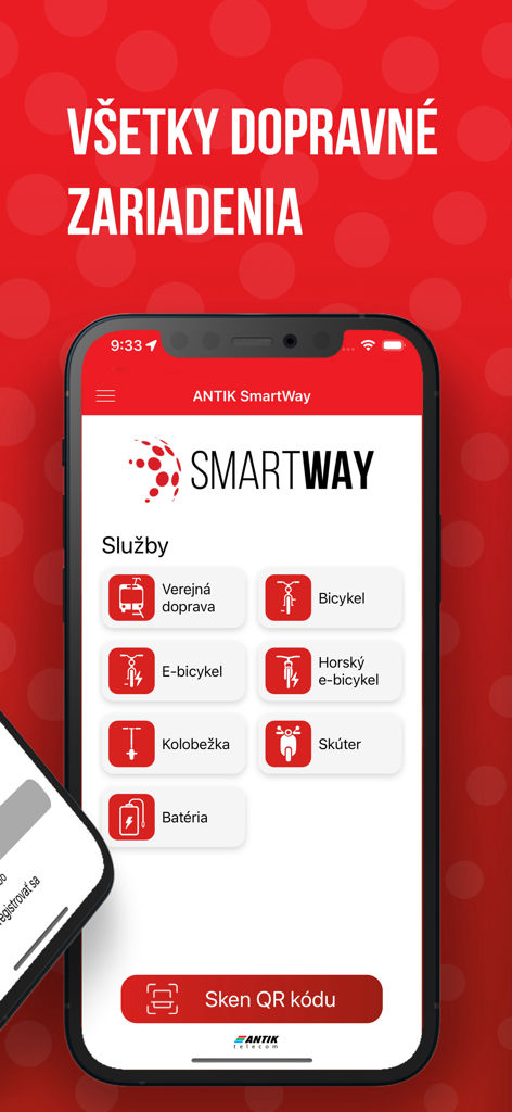 ANTIK SmartWay app interface showing shared mobility services including public transport, e-bikes, and scooters