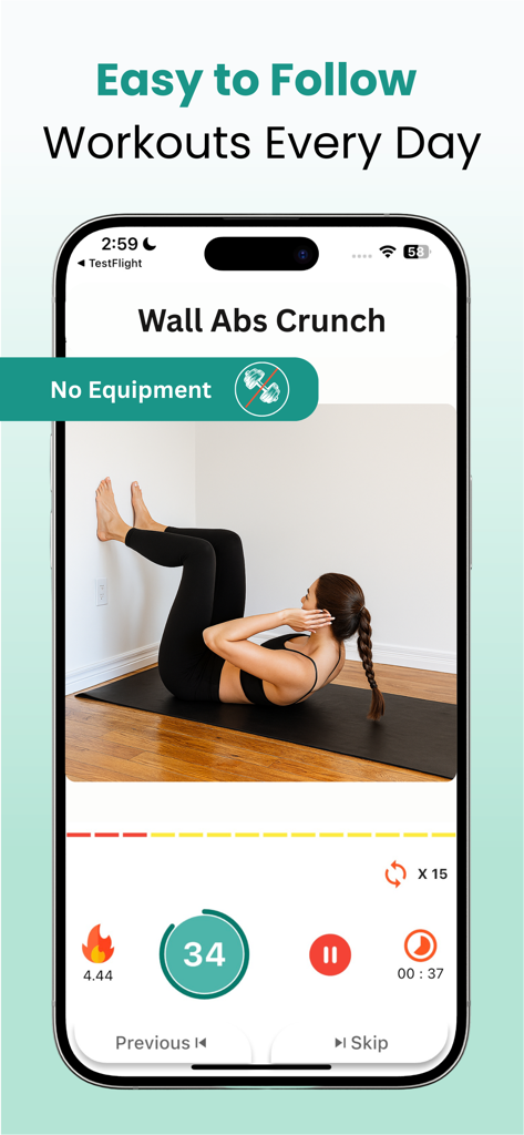 Wall Pilates Challenge & Fit - Una mujer realizando un ejercicio de crunch abdominal en la pared siguiendo una rutina de ejercicios en la aplicación Wall Pilates