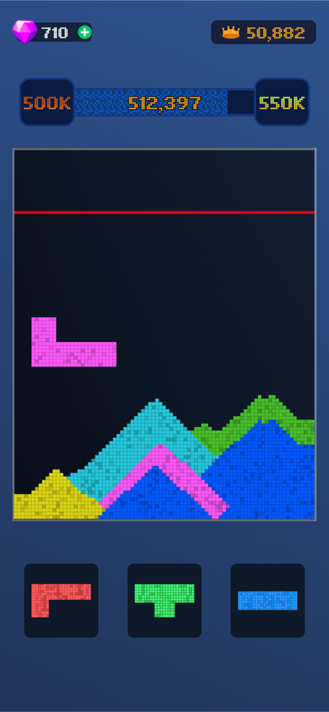 Sand Blast™ - Block Puzzle - A gameplay screenshot of Sand Blast showing colorful block shapes dissolving into piles of sand on a puzzle board.