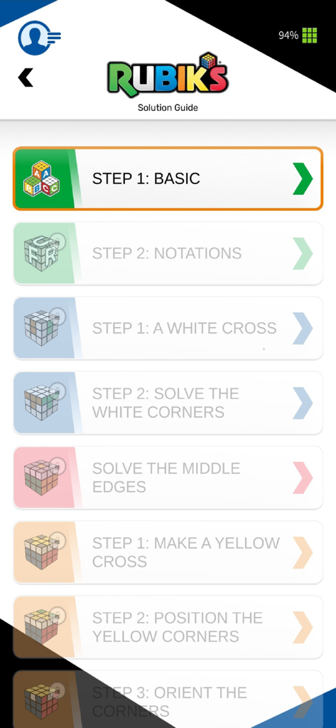 Rubik's Connected - Un menu montrant les étapes des tutoriels interactifs dans le guide de solutions de l'application Rubiks Connected