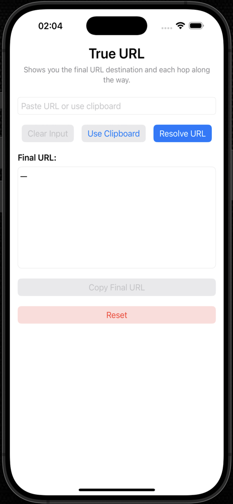 True URL - Interface of the True URL app on an iPhone showing options to resolve shortened links and view their final destinations.