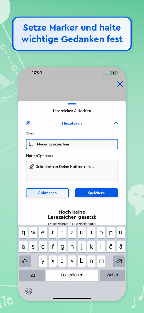 Onleihe 3 - Interface mobile de l'application Onleihe 3 montrant le formulaire pour ajouter un signet et une note personnelle pendant la lecture.