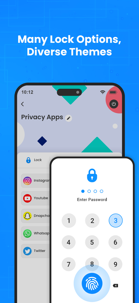 Mobile app interface showing secure password PIN and fingerprint unlock for private social media apps