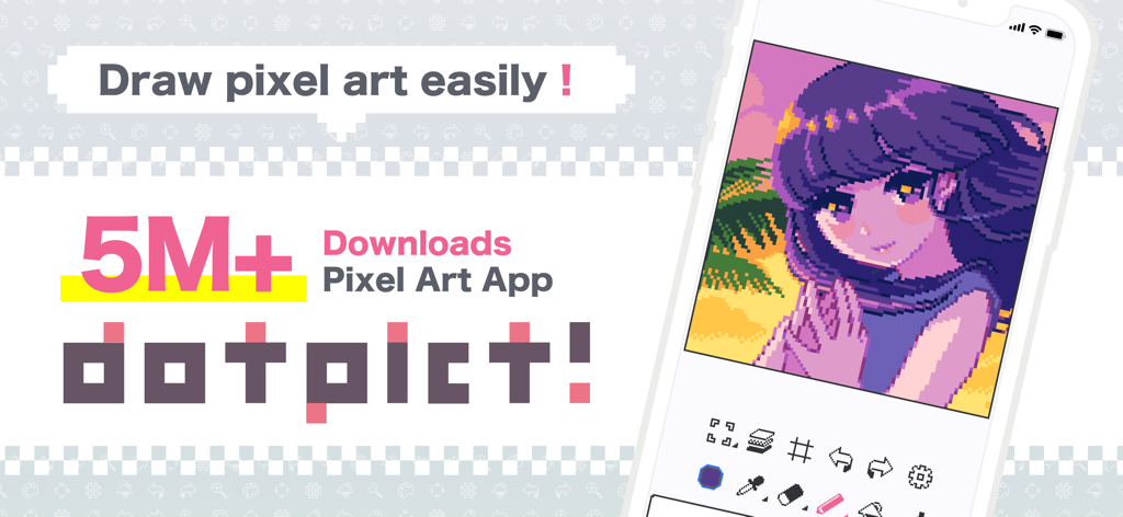 dotpict - A smartphone showing a pixel art illustration of a girl in the dotpict app with text saying draw pixel art easily