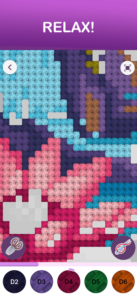 Cross Stitch: Pixel puzzle art - Digitales Kreuzstichspiel, das ein farbenfrohes Pixelmuster und eine Farbauswahlleiste zeigt