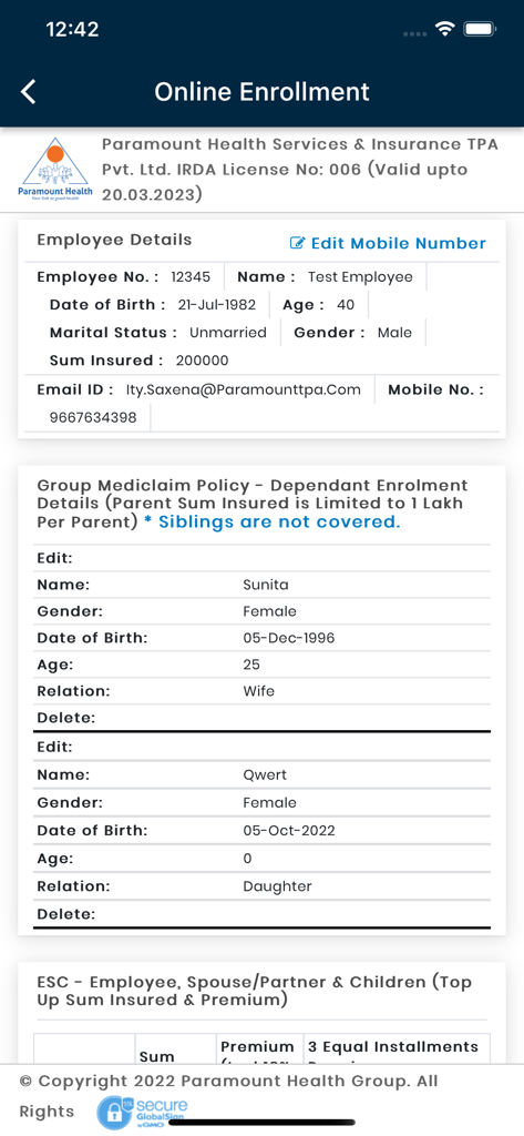 mwise app online enrollment screen displaying employee and dependant insurance details