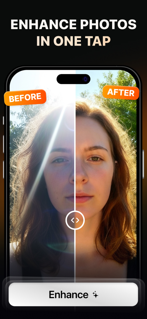 Visify - AI Photo Enhancer - Confronto prima e dopo di un ritratto migliorato utilizzando l'app Visify AI