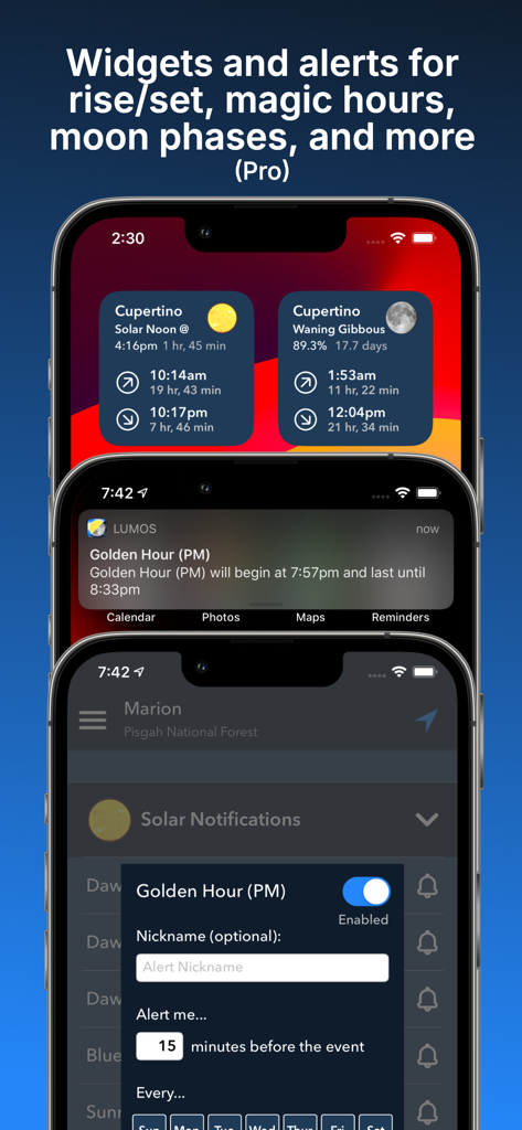 Widgets y notificaciones de la aplicación Lumos mostrando datos del sol y la luna con alertas de hora dorada en iPhone