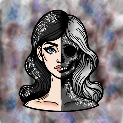 bust of a woman, half face and hair, half skull