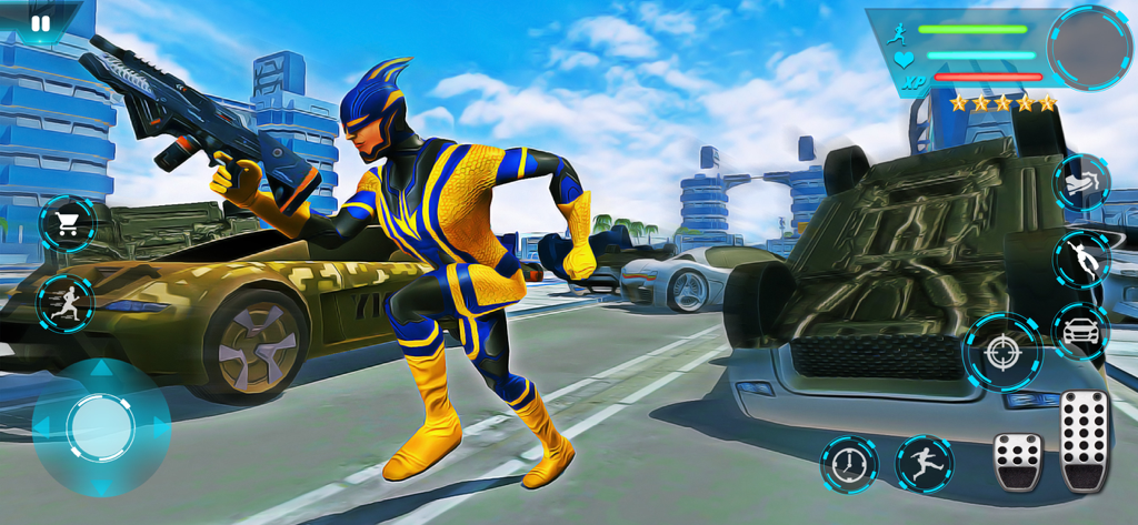 Super Hero City Rescue Sim - Personaje de superhéroe corriendo en un simulador de rescate en ciudad urbana con coches y edificios