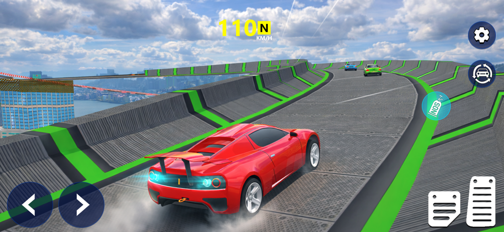 Race Master Car Racing Games - A red sports car driving on a high-altitude stunt track with a city skyline in Race Master Car Racing Games