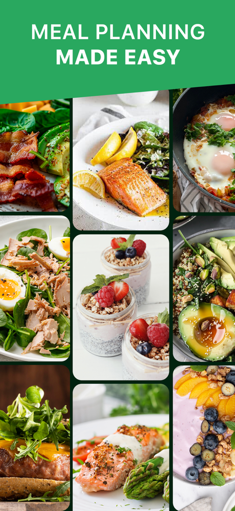 Keto Diet Tracker-Carb Counter - A collage of healthy ketogenic meals including salmon, salads, and eggs with the heading Meal Planning Made Easy.