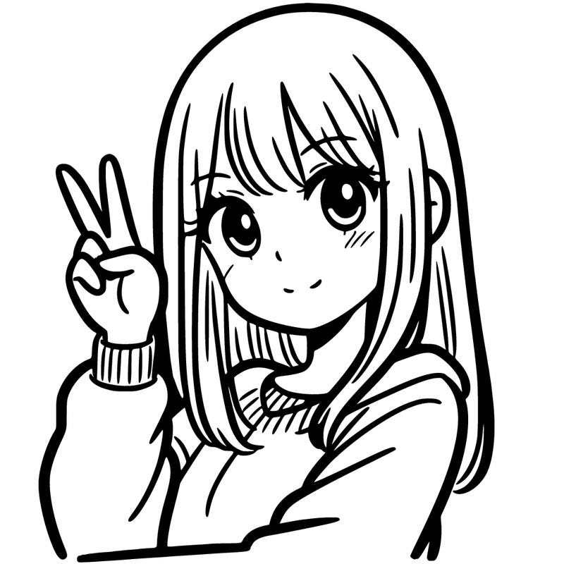 a girl straight hair, doing a peace sign with her hand