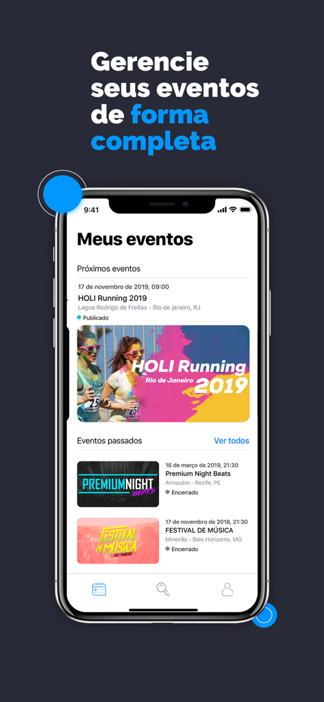 Sympla Organizador - Sympla Organizador app screen showing upcoming and past events for management