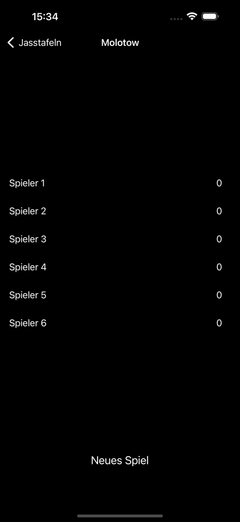 Scoreboard for Molotow card game variant in the Jasstafeln app showing six player slots
