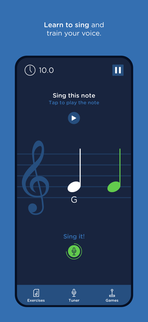 SolFaMe - SolFaMe app vocal training screen showing a musical note exercise on a staff