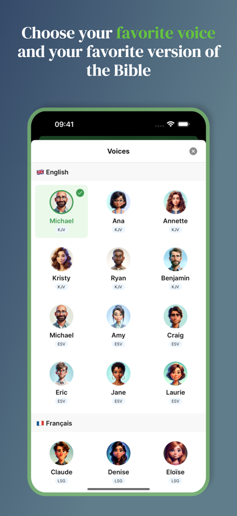 Audibible-App-Bildschirm mit einem Menü zur Auswahl verschiedener Sprecherstimmen und Bibelversionen wie KJV und ESV
