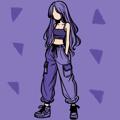 girl in baggy pants crop top and long hair