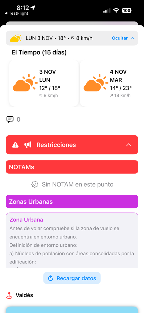 SpotItFly - Mobile app interface showing drone flight weather forecast and airspace restrictions including urban zones and NOTAMs