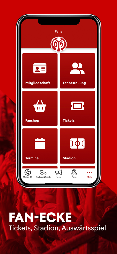 Interface da seção de torcedores do aplicativo Mainz 05 com botões de menu para associação, loja, ingressos e informações do estádio.