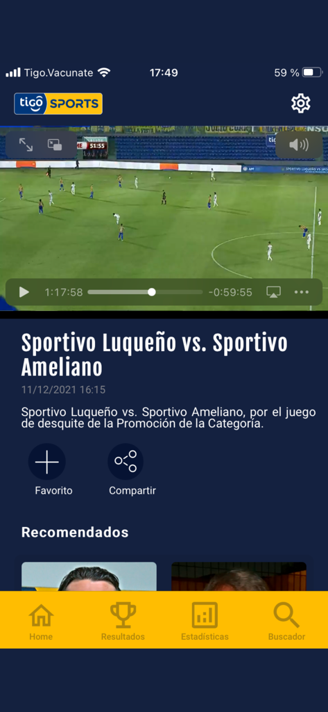 Interface do aplicativo Tigo Sports Paraguay mostrando uma partida de futebol ao vivo entre Sportivo Luqueno e Sportivo Ameliano