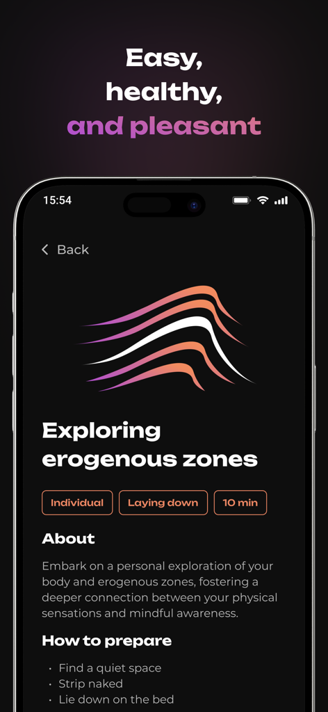 Interface of the Rino app showing a sexual meditation exercise titled Exploring erogenous zones with preparation instructions.