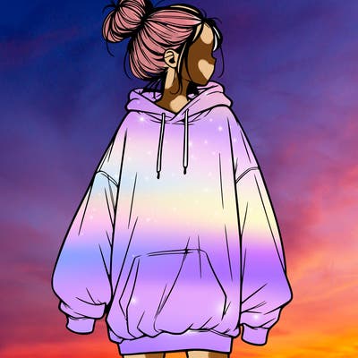 realistic girl with a oversized sweatshirt on and a bun
