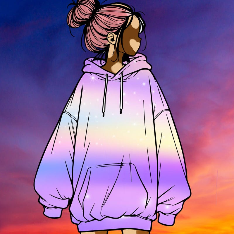 realistic girl with a oversized sweatshirt on and a bun