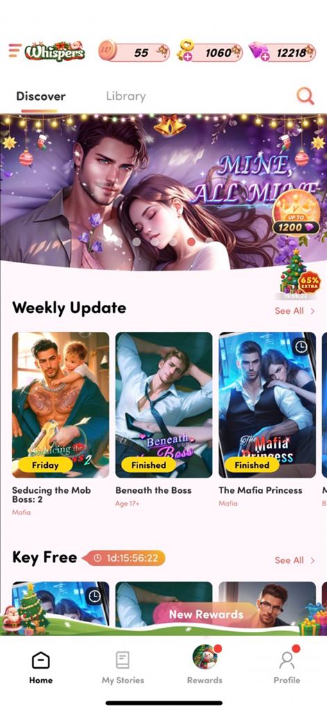 Página Descubrir de la aplicación Whispers Interactive Stories con portadas de libros románticos como historias de Mafia Boss y Billionaire.