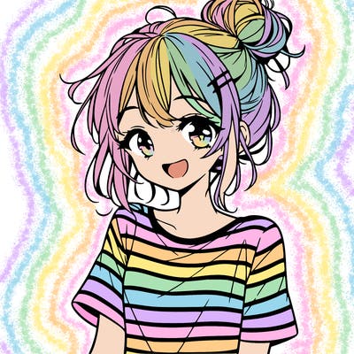 anime girl teenager striped shirt and smile and messy bun